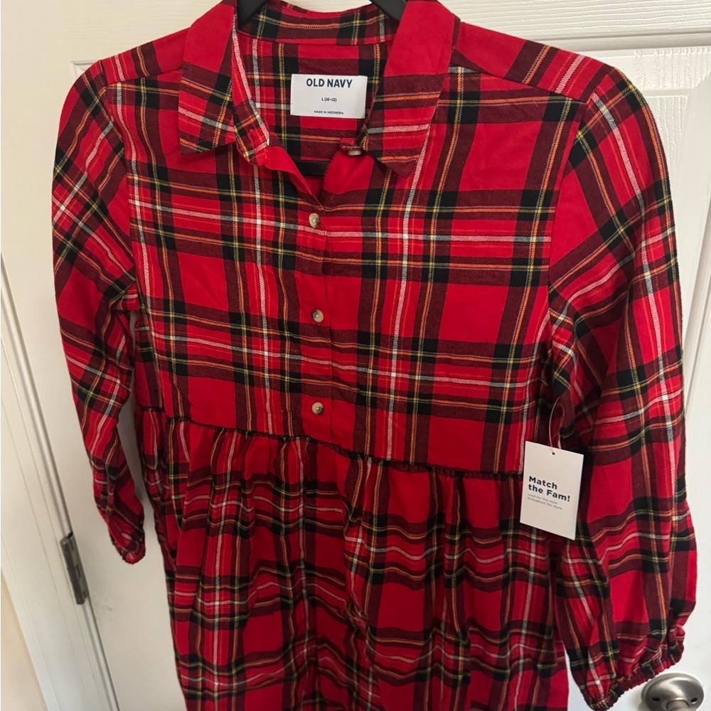 Old Navy Girls L (10-12) Red Plaid Button Up Flannel Dress Holiday Christmas NWT